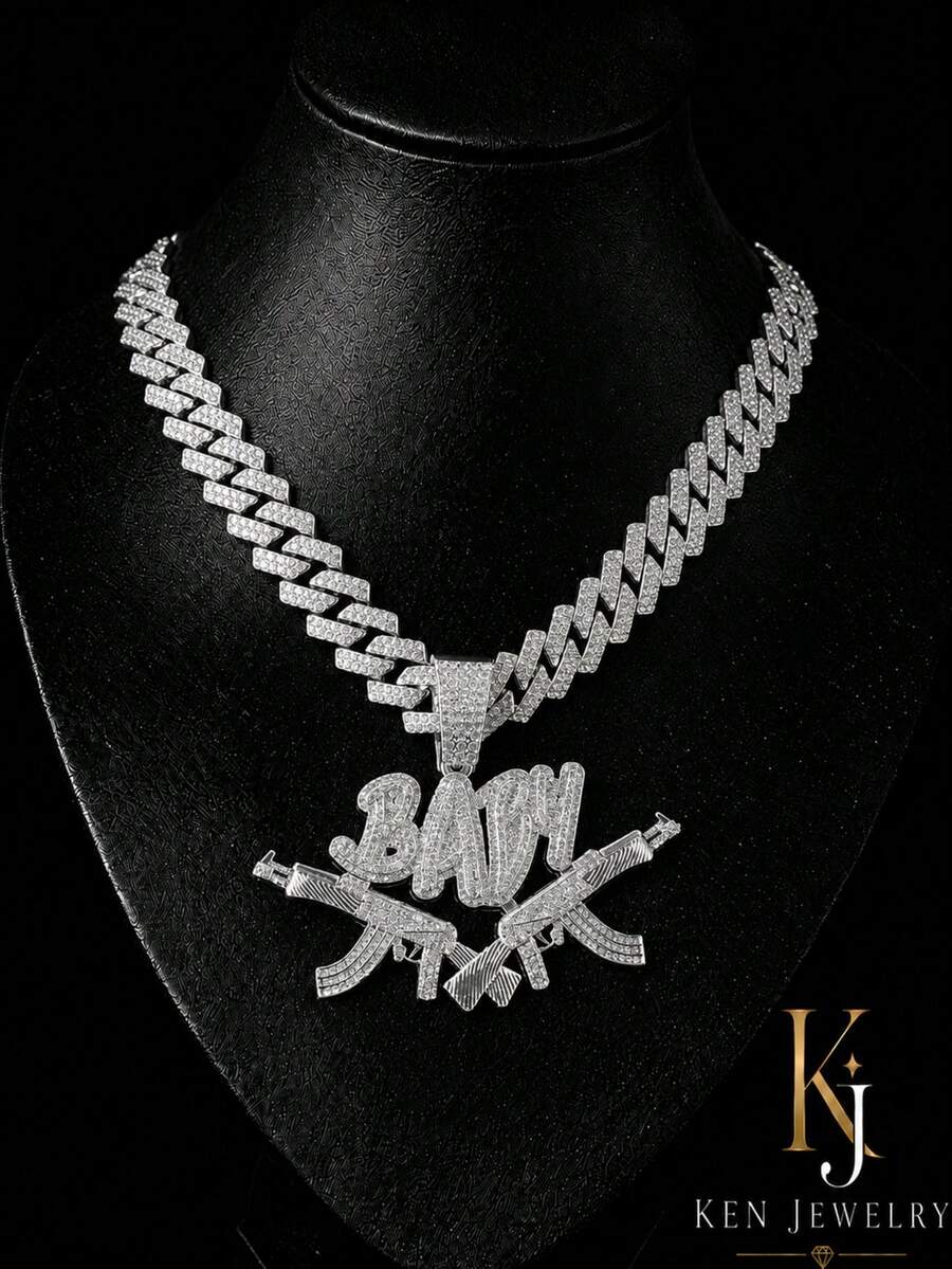 European & American Hip Hop Full Rhinestone Cuban Chain Necklace For Men, BABY Letter Pendant, Street Style Gun-Shaped Pendant, High-End Hip Hop Style Gift
