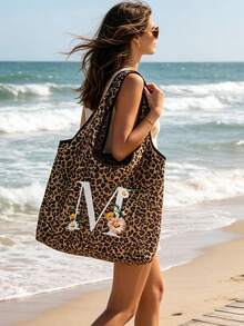 Mala de Senhora com Estampa de Leopardo e Flores Margarida, Personalização de Inicial A-Z, Grande Capacidade | Espaço Amplo para Compras, Design Dobrável, Adequada para Uso Diário, Viagens, Trabalho e Compras de Supermercado - Carteira com Estampa de Leopardo, Mala a Tiracolo Multifuncional, Pega Resistente, Acessório de Moda com Padrão, Presente para o Dia do Professor, Regresso às Aulas, Dia da Independência, Viagens de Férias - Multicolorido - Ver 9