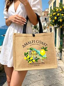 Bolsa de lino con estampado creativo de limón & letra, bolso de compras cuadrado amarillo, bolsa de almacenamiento casual de gran capacidad, bolsa reutilizable para comestibles para hombres & mujeres maestros, bolsa organizadora, bolsa de maquillaje, bolsa de playa para trabajo, viaje & uso diario, bolsa de hombro ligera con bolsillo para monedas, diseño novedoso, regreso a la escuela, graduación, Día de la Madre, Día de San Valentín, regalo de cumpleaños - Multicolor - Ver 14