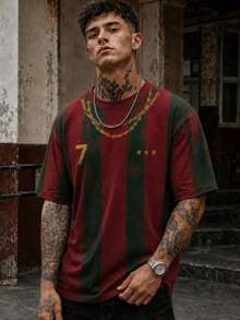 Fractyr 男士復古葡萄牙 No.7 三星垂直條紋 T-shirt，酒紅與綠色拼接做舊圓領足球短袖上衣 - 酒紅色 - 查看 1