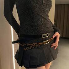 2件裝新款女款韓系時尚極簡豹紋腰帶，學生牛仔褲裝飾細皮帶，服裝搭配腰帶，PU皮革，四季適用 - A - 查看 1