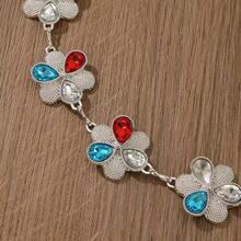 Y2K Sweet Bohemian Style Red Blue Transparent Three-Color Rhinestone Inlaid Four-Petal Lotus Waist Chain, Vintage Distressed Texture Antique Silver - Multicolor - View 4