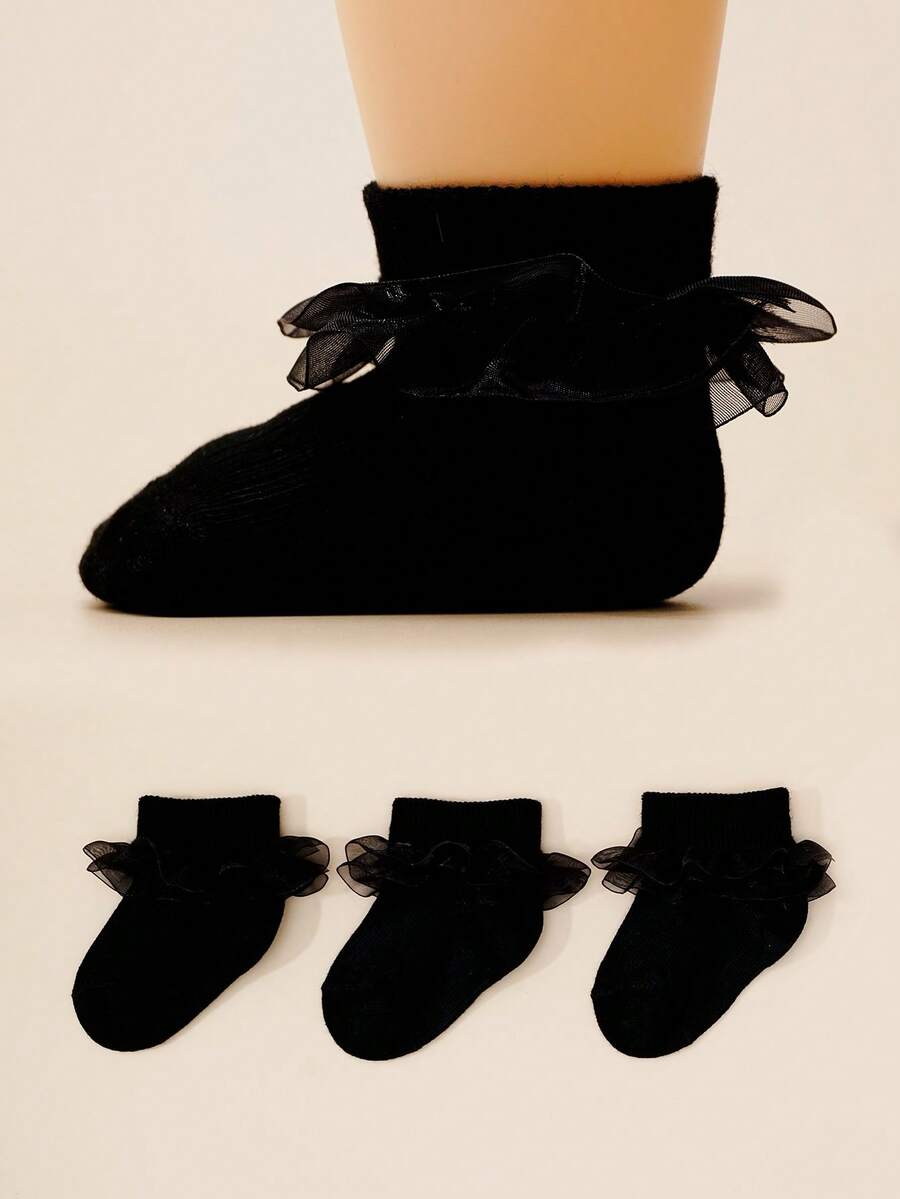 3 Pairs Baby Ribbed Ruffle Socks, Back To School Season Black Elegant Breathable Socks, Girls Princess Style Lady Socks - Black - View 1