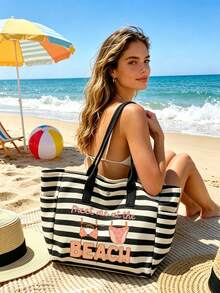 1/2pcs Striped Tote Bag And Cosmetic Bag Set, Printed With "Meet Me At The Beach" Pattern. Casual Tote Bag Style Is Simple And Fashionable, With Spacious Capacity And Versatile Function, Suitable As A Versatile Commuter Bag, Vacation, Travel, Daily Commute And Shopping, Ideal Gift For Friends And Family, New Summer, Travel Essential, Suitable As Women's Birthday Party Gift, Bridal Gift, Suitable For Girls, Women, Girlfriends - Multicolor - View 4