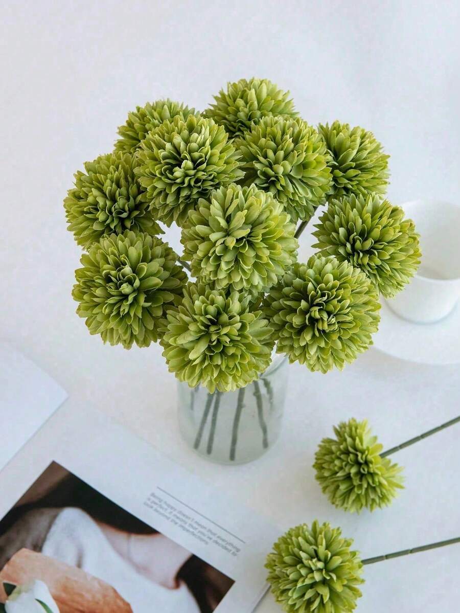 12件綠色人造菊花球、繡球花、球形菊花－適用於居家裝飾、客廳、辦公室、廚房、婚禮、房間布置、婚禮配件、秋季裝飾、牆面裝飾、桌面裝飾、婚禮中心裝飾、裝飾花卉、婚禮花卉、人造花