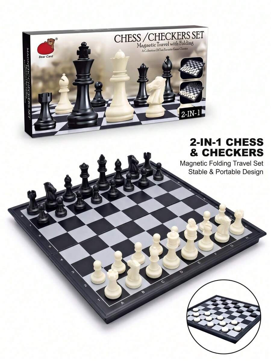 2-In-1 Magnetic Chess And Checkers Set - Portable Chess Set Folding Board Game - View 1