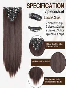 Set de 7 extensiones de cabello sintético de 18 a 32 pulgadas con clips, piezas de cabello negro gruesas y de aspecto natural - Dark Brown - Ver 6