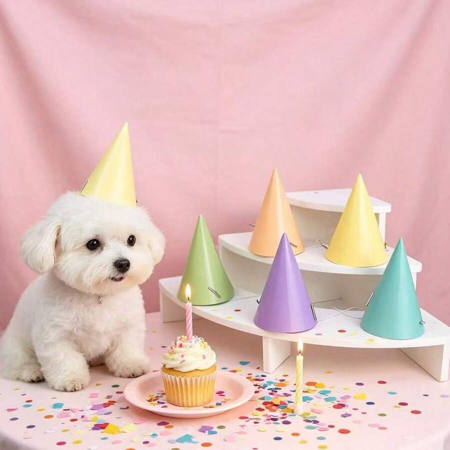 6件/12件馬卡龍純色寵物錐形派對生日帽,多款柔和甜美配色可選,緊湊錐形經典設計搭配隱形針固定,適用於泰迪、比熊、布偶貓及其他小型至中型寵物,專為寵物生日派對與週年慶典設計 - A - 查看 1