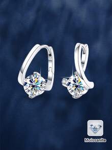 2pcs High-End Fashion 925 Sterling Silver 1Carat X 2 Moissanite Earrings, Suitable For Women's Daily Wear, Banquet, Vacation, Valentine's Day, Mother's Day, Women's Birthday, Wedding Anniversary Jewelry Gift - Silver - View 1