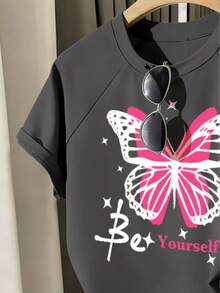 Tween Girl Butterfly Print Short Sleeve T-Shirt And Pocket Shorts Set - Dark Grey - View 3