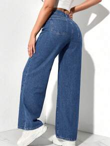Calça Wide Leg Pantalona Jeans Feminina Cintura Alta Levanta Bumbum PLUS Size - Lavagem escura - Visão 2