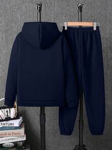 Bộ áo hoodie ấm và quần dài in chữ cho bé trai - Xanh đậm - Xem 2