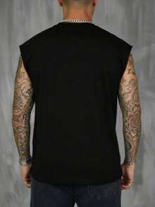 Camiseta regata masculina básica preta de lona com gola redonda, comprimento regular, sem mangas e sem elasticidade. - Preto - Visão 2