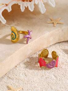 2pcs Stainless Steel Colorful Drip Oil Beach Vacation Style Ribbed Starfish & Shell Open Ring Set, Suitable For Women's Daily Beach Wear - Multicolor - View 5