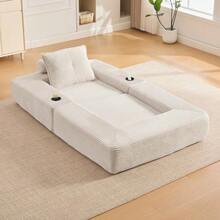 Folding Corduroy Sofa With High-Density Foam And Spring Core For Stable Seating, Side Pocket And Cup Holder, Armrest With Zip, Vacuum Packed, Easy Assembly, For Apartment And Living Room. - 米色 - 查看 2