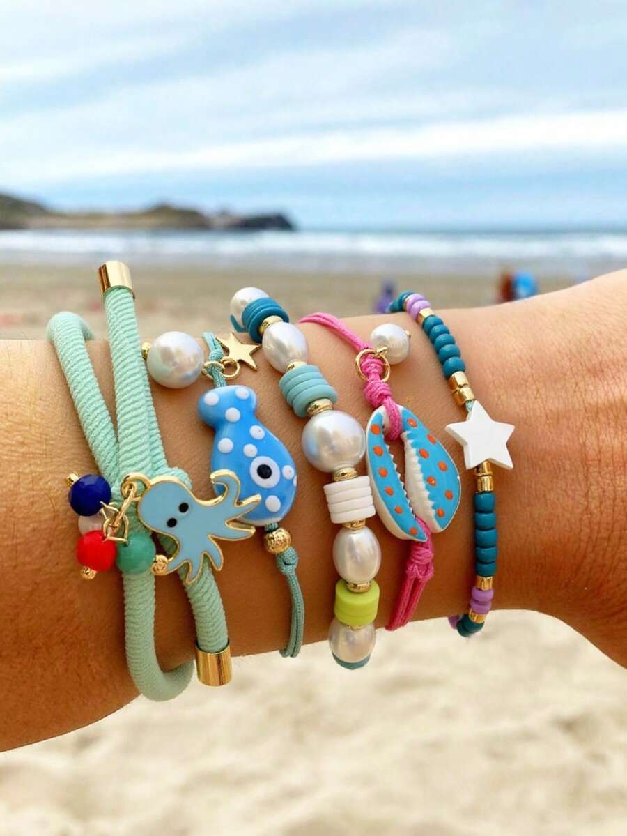 5 件套热带海洋贝壳、鱼、水母手工多层手链适合女性、夏季海滩日常节日派对珠宝 - 彩色的 - 查看 1