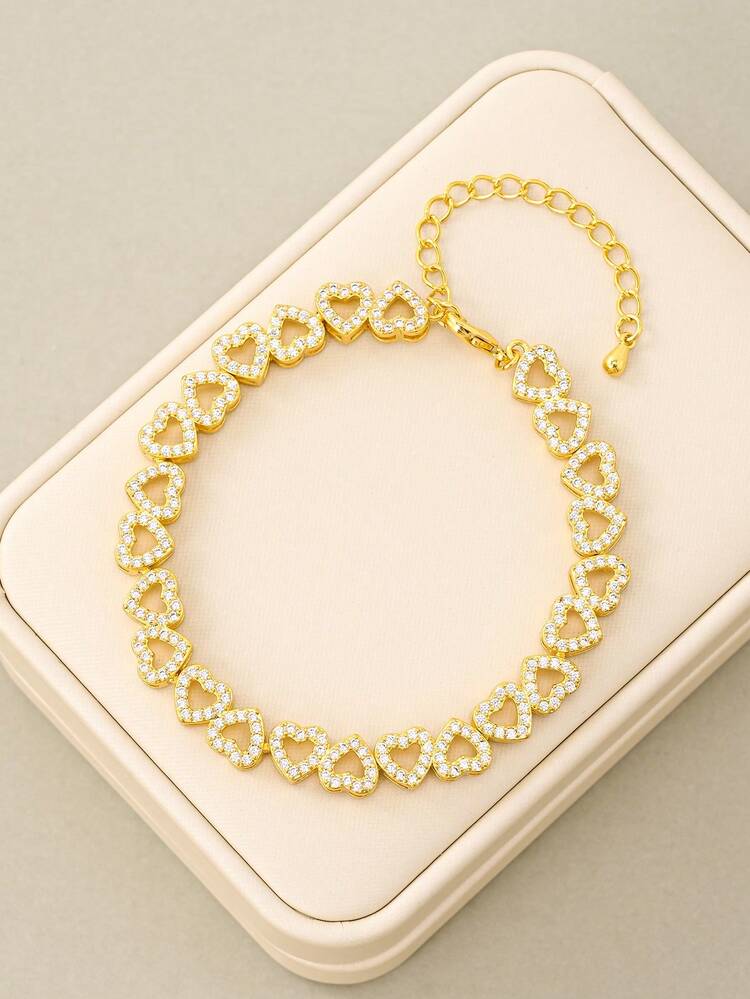 Conjunto de pulsera de acero inoxidable con diamantes en forma de corazón de oro de 18K, pulsera de brazalete abierto de oro de 14K con circonita cúbica, uso diario de moda para mujeres, regalo de vacaciones - Dorado - Añade 10