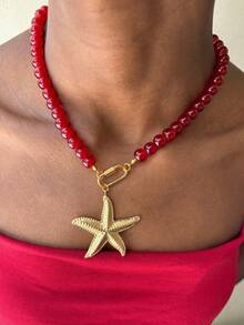 Summer New Beach Vacation Style Necklace, Colorful Oil-Drip Stainless Steel Starfish Pendant Necklace - Beaded Necklace - View 5