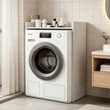 Solid Wood  Board Washing Machine Side Storage Cabinet, Beige Freestanding Over Washer Organizer Shelf, Space Saving Laundry Room Storage Rack For Balcony Small Apartment Bathroom - Beige - View 6