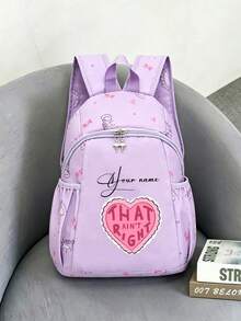 Customizable Name Photo Text Backpack, Solid Color Large Capacity Lightweight Shoulder Bag With Zipper Closure For School And Work - Purple - View 5