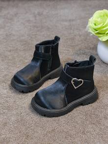 1 Pair Girls' Heart Buckle Boots, New Spring/Autumn Fashion Buckle Princess Boots, Korean Style Versatile Fashion Ankle Boots - Black - View 3