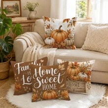 Herbst Vintage Braun Kürbis & Ahornblatt Gemütliches Zuhause Slogan Kissenbezug 4 Stücke Set, einseitig Muster Pfirsichhaut Samt Polyester Material, 45*45/50*50CM Kissenbezüge für modernes Stoffsofa Innenraum Dekoration, Party Dekoration, Geschenk - Verschiedenfarbig - Übersicht 8