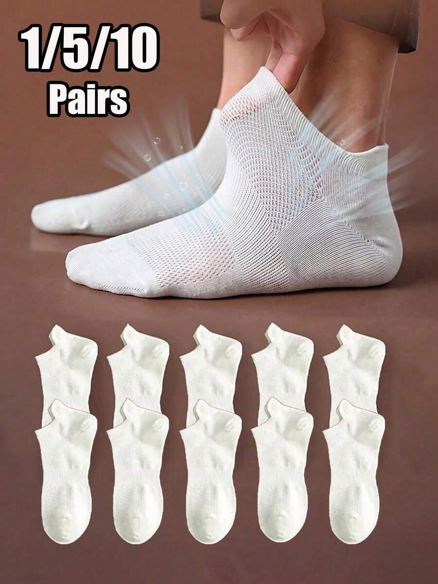 1/5/10 Pasang Kaos Kaki Pendek Pria Warna Putih, Bernapas, Tahan Lama, Menyerap Keringat & Tahan Bau, Nyaman untuk Musim Semi/Panas - Putih - View 1