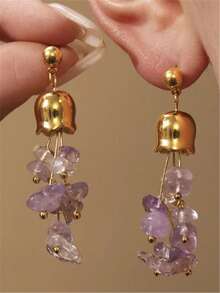 1 par de pendientes de piedra natural con campana dorada, estilo bohemio con borlas, joyería para mujer, adecuados para fiestas, viajes y uso diario - Multicolor - Ver 1