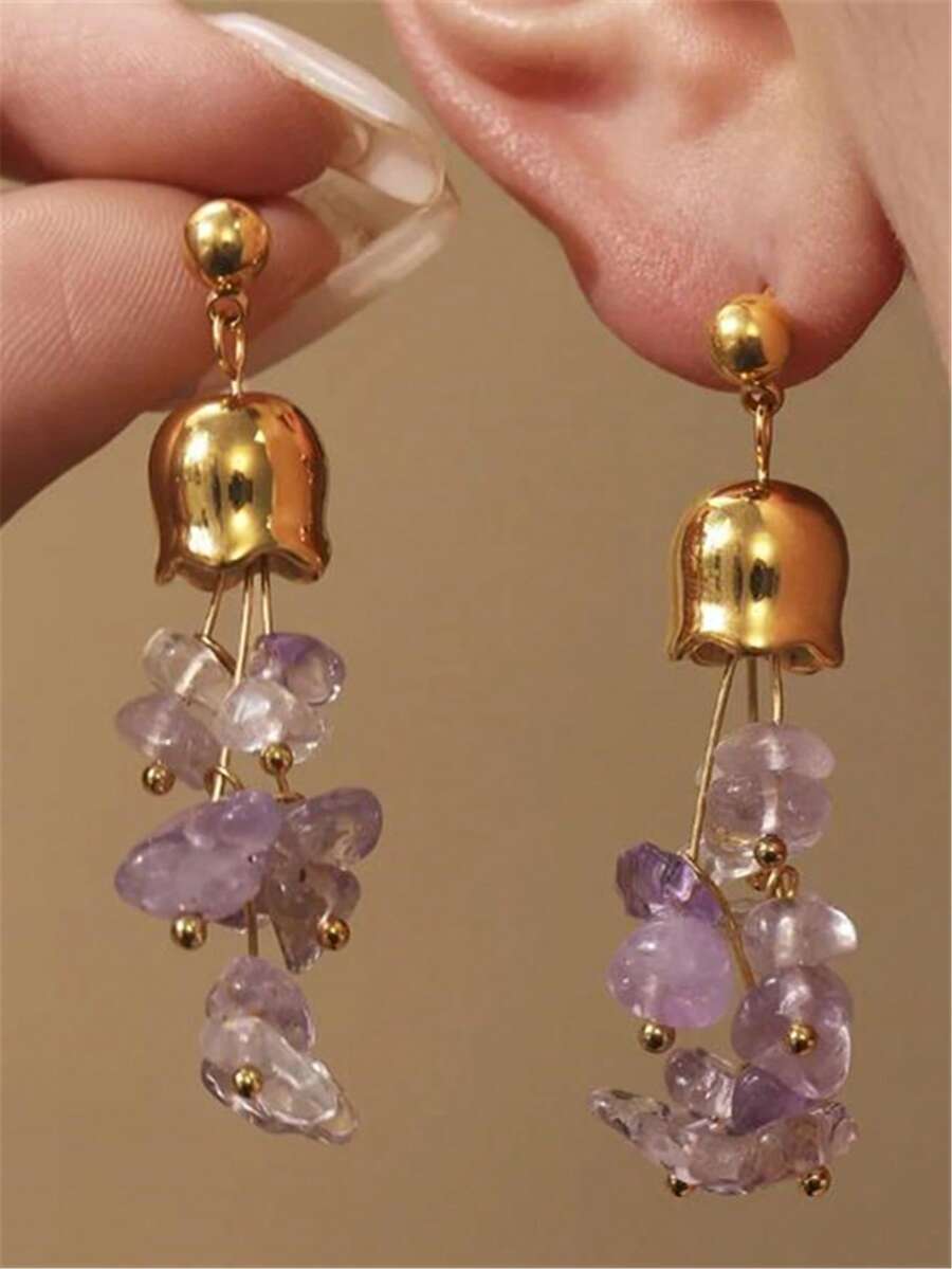 1 par de pendientes de piedra natural con campana dorada, estilo bohemio con borlas, joyería para mujer, adecuados para fiestas, viajes y uso diario - Multicolor - Ver 1