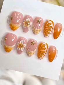 10pcs Medium-Long Almond Shaped Summer Bestseller 3D Gradient Floral Almond Nail Stickers, Exquisite Starfish Shell French Style Fake Nail Tips, Instantly Elevate Your Look, Highlight Personal Simple Elegance, Elegant Minimalist, Y2K Little Princess Minimalist Sexy Style, Suitable For Women And Girls Daily Use, Also A Delicate Gift For Women And Girls, Press-On Nails Nail Supplies - Multicolor - View 7