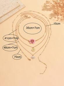 4pcs/Set Gentle Style 4-Layer Necklace Set, Pink Flower Shell Starfish Combination Women's Neck Jewelry, Niche Vacation Style Suitable For Summer Outfits, Daily Wear, Beach And Casual - Multicolor - View 4