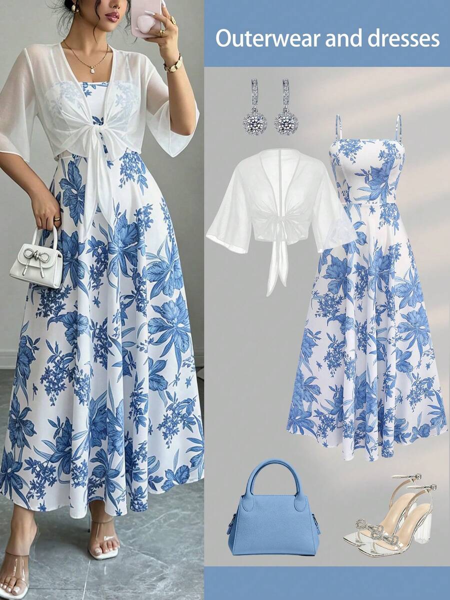 Setelan Dua Potong Gaun dan Jaket Chiffon Motif Bunga Kecil Elegan untuk Wanita, Pakaian Modis untuk Kencan, Liburan, dan Pakaian Kasual Musim Semi/Panas. - Blue and White - View 1