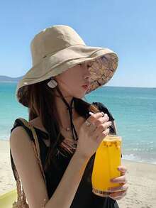 女款印花水桶帽 夏季寬邊防曬帽 可正反穿戴 可折疊 定型帽沿 防曬帽 戶外旅行沙灘帽（防風繩款 顏色隨機） - 多色 - 查看 8