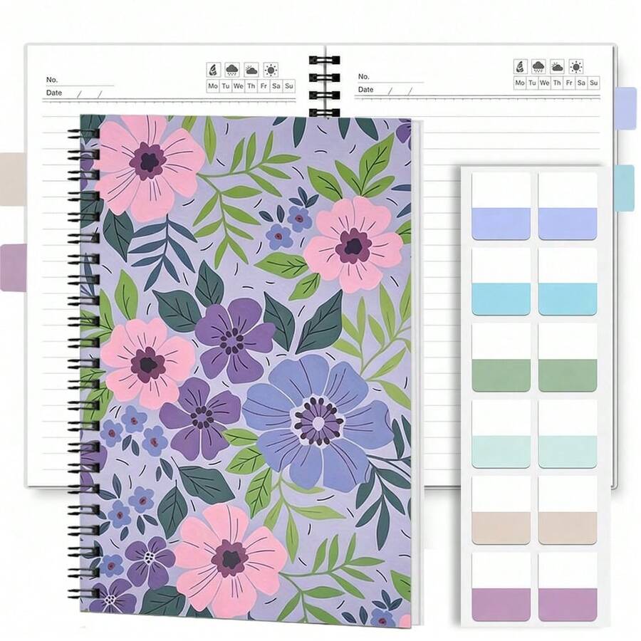 1 Set Fresh Floral 2D Cover Spiral Coil Notebook With Index Sticker Set, Practical Inner Pages, Suitable For Back To School, Work, Study And Other Scenarios. Whether Writing Diaries, Making Daily Plans, Or Using As Memo Pads, It's A Great Choice As Graduation Gift, Birthday Gift, Helping You Plan Your Life Efficiently! - Multicolor - View 1
