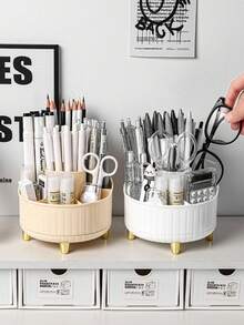 1pc White/Pink/Yellow 360° Spinning Pen Container, Desktop Storage Box For Makeup Brushes, Eyebrow Pencils And Stationery, Universal Organizer For Home Desk & Vanity, Multi-Grid Divided Easy Access, Luxury Metal Leg Table Decor - Multicolor - View 9