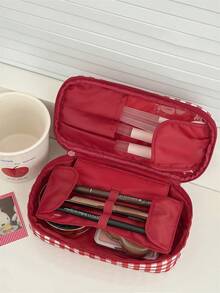1pc/Set Vintage Red Plaid Mini Makeup Bag, Multi-Compartment Portable Cosmetic Storage Bag, Handheld Lipstick Organizer, Suitable For Travel And Daily Use - Red - View 6