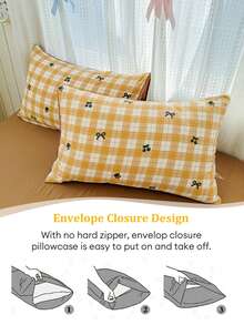 4PCS Yellow Plaid Cherry Bow Pattern Duvet Cover Set, Breathable For Spring/Summer, Includes 1 Duvet Cover, 1 Bed Sheet, 2 Pillowcases, Duvet Insert And Pillow Insert Not Included, Pillowcase Pattern Randomly Cut - Yellow - View 9