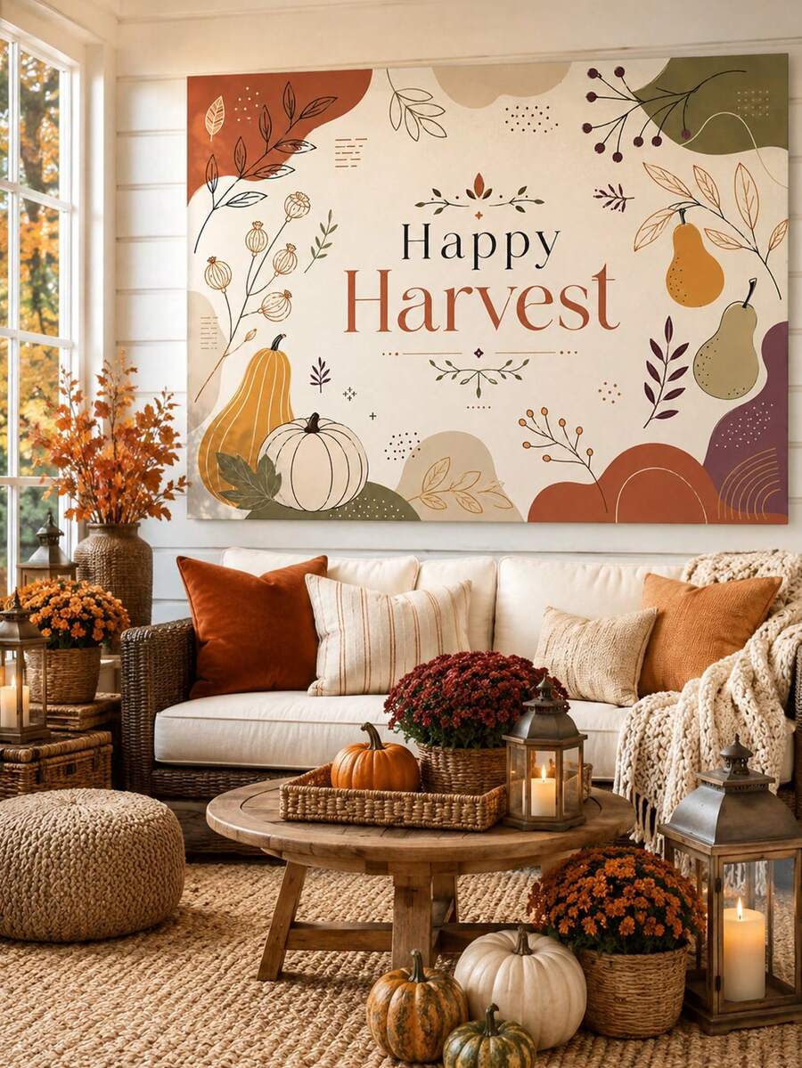 1件裝 Happy Harvest 秋季背景布條,極簡波希米亞抽象南瓜梨子植物線條藝術裝飾背景,適用感恩節農場派對、秋季拍照區、居家牆面、室內外節日掛飾 - B - 查看 1