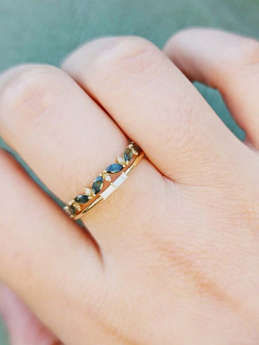 Tsnamer 2件組奢華馬眼形切工立方鋯石戒指,女士可疊戴戒指組,婚戒、訂婚戒指 - 金黃色 - 查看 1