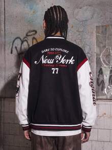 MAISONFOX Men's Colorblock Baseball Jacket With Vintage Patch & Arm Lettering, Crew Neck Loose Fit Bomber Jacket, Y2K Hip Hop Urban Outerwear - Black - View 2