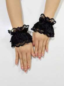 1 par de mangas cortas de encaje para mujer, adecuadas para bodas, fiestas, moda lolita, disfraces, viajes, festivales, guantes, campamentos - Negro - Ver 6