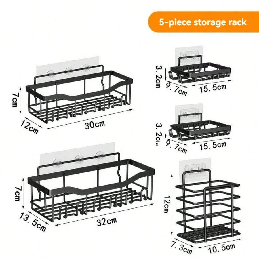 5Pcs No Drill Iron Wall Storage Set, Self Adhesive Bathroom Shower Caddy With Toothbrush Holder, Space Saving Hanging Rack For Cosmetics Kitchen Spices, Waterproof Easy Install Bathroom Kitchen Organizer - Black - View 1