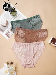 3 Peças/Pacote Calcinhas de Renda Femininas, Bordado Floral, Romântico & Confortável, Roupa Íntima Invisível, Adequado para Todas as Estações - Multicolorido - Visão 3