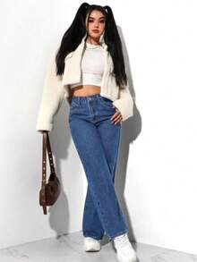 Calça Wide Leg Pantalona Jeans Feminina Cintura Alta Levanta Bumbum PLUS Size - Lavagem escura - Visão 5