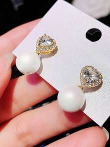1 paire de boucles d'oreilles charmantes en zircone cubique & perles fausses, conçues pour les femmes, convenant pour les mariages, les fiançailles, les fêtes d'anniversaire, les cadeaux de la Saint-Valentin - Or jaune - Voir 1