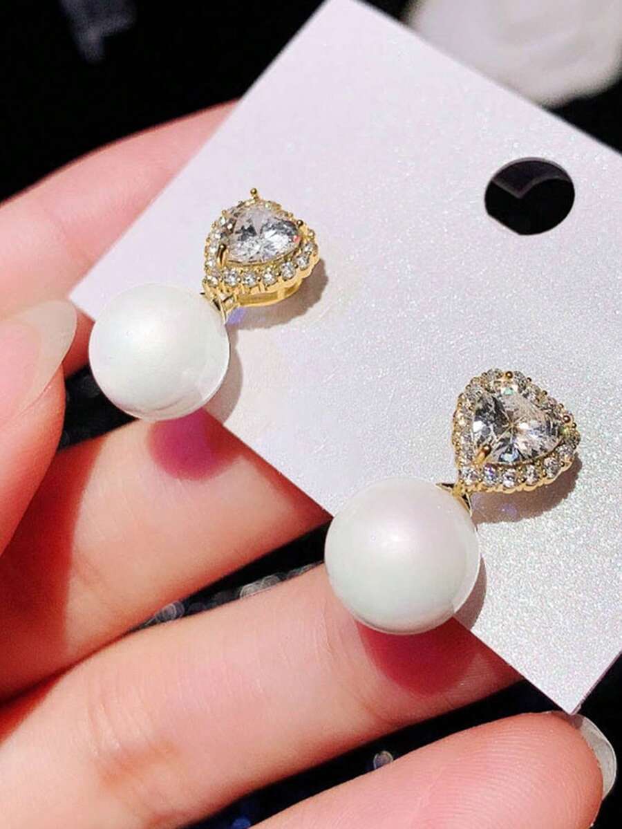 1 paire de boucles d'oreilles charmantes en zircone cubique & perles fausses, conçues pour les femmes, convenant pour les mariages, les fiançailles, les fêtes d'anniversaire, les cadeaux de la Saint-Valentin - Or jaune - Voir 1
