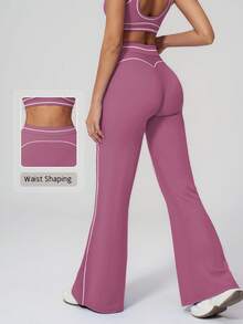 NcmRyu Women's 1pc Contrast White Stripe Butt-Lifting Slim Flare Pants - Purple - View 11