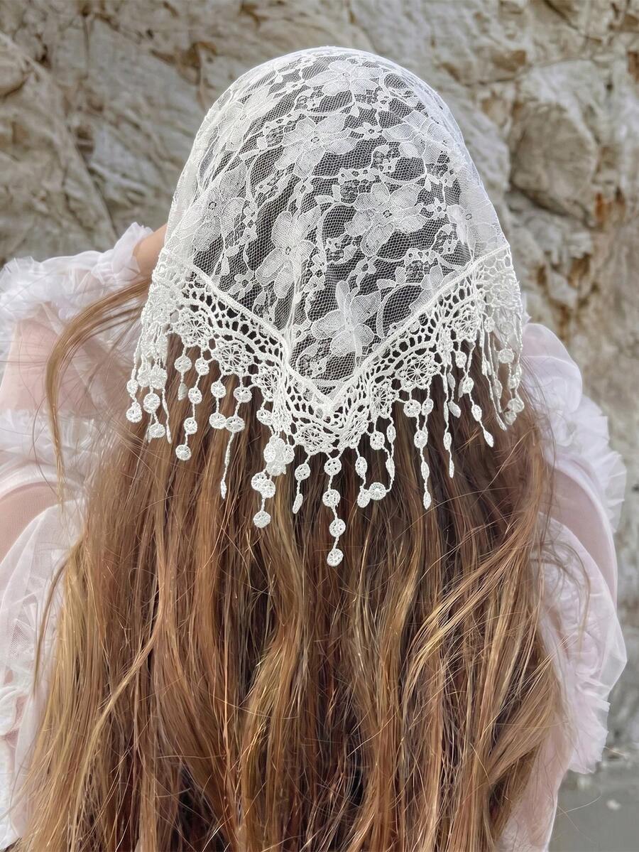 1pc Original Floral Pattern Women's Fashion Flower Embroidered Rolled Edge Tassel Headwrap Hairband Suitable For Daily And Vacation Use - White - View 1