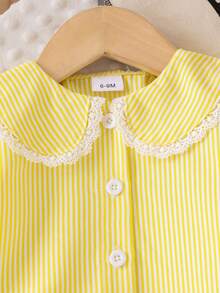 Setelan 2 Potong Gaya Preppy Segar untuk Bayi Perempuan: Blus Lengan Puff Bergaris Kuning Lemon dengan Hiasan Renda + Celana Jeans Flare Warna Terang dengan Hiasan Pita yang Serasi - Kuning - View 4