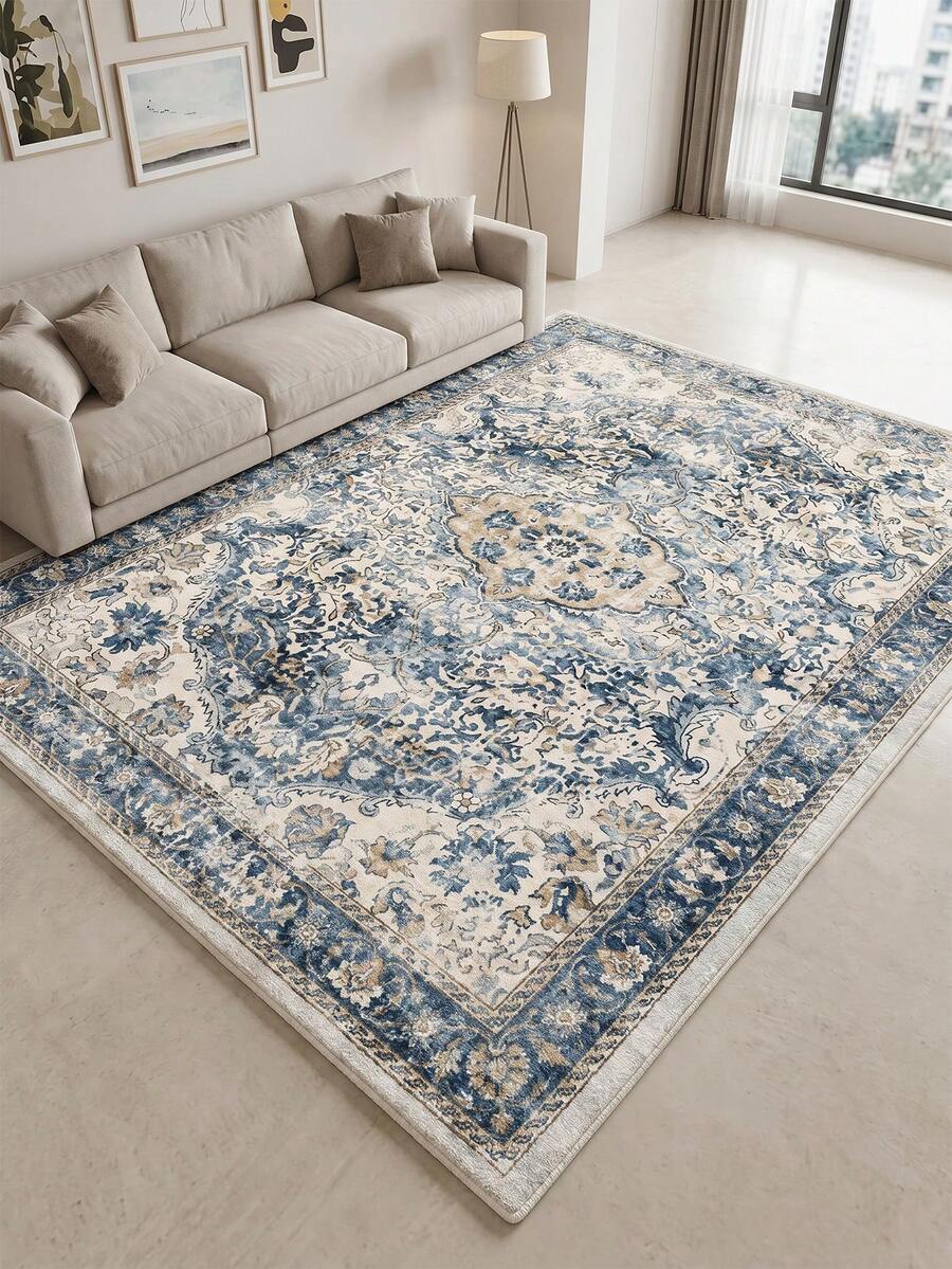 1pc Blue Distressed Floral Living Room Rug, Suitable For Kitchen, Dining Room, Bedroom, Room Holiday Decor, Indoor/Outdoor, Office, Lobby, Anti-Slip Doormat, Bathroom Rug, Hallway, Study, Gaming Area